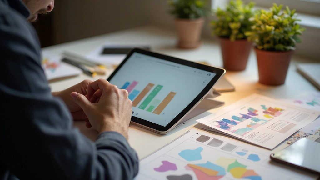 Designer werkt aan brand narrative en website strategie met notities en kleurstalen