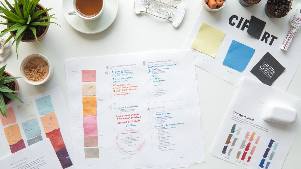 Grafische weergave van merkpositionering met kleurstalen en typografie samples