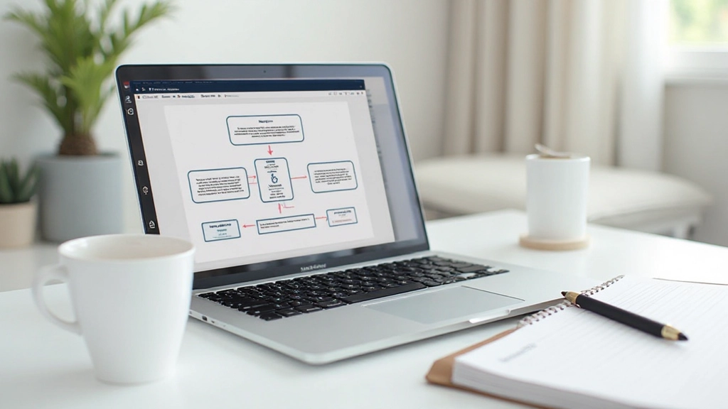 Laptop scherm met verhaalstructuur diagram en notities over narratief